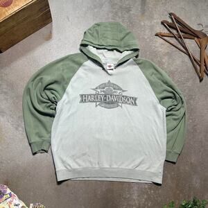 Vintage Y2K Harley Davidson Biker Hoodie Mens XL Green Grey 2000s Sweatshirt